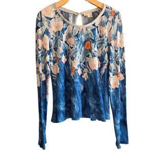 Meadow Rue Anthropologie Linen Fields Swing Top Blue Floral Sz M Casual Spring